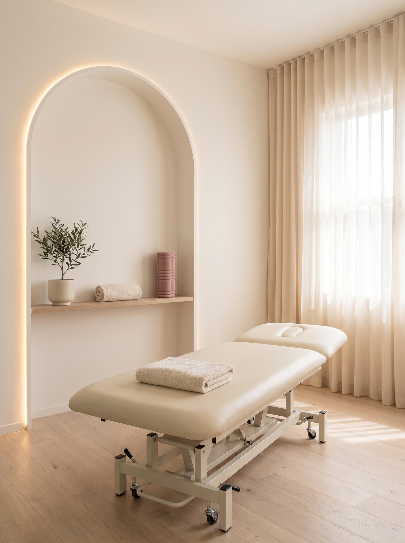 La sala de fisioterapia, con la camilla preparada junto a la ventana